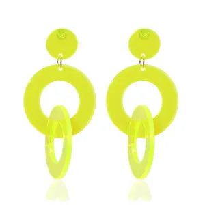 Neon yellow acrylic geometric earrings for women, trendy summer statement drop earrings.