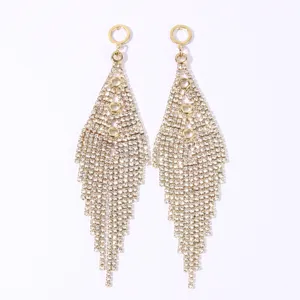 Exaggerated long rhinestone tassel earrings gold geometric statement drop jewelry style