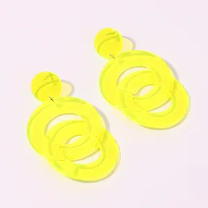 Neon yellow acrylic geometric drop earrings, trendy summer ear studs for modern women.