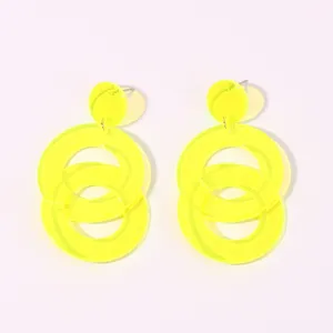 Neon yellow acrylic geometric layered circle earrings for summer daily fashion wear