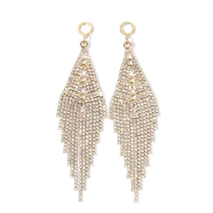 Stunning long rhinestone tassel earrings for women, glamorous gold-tone geometric party jewelry.