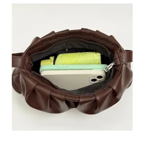 Brown ruched underarm bag for women, stylish minimalist cloud shoulder handbag with large capacity.