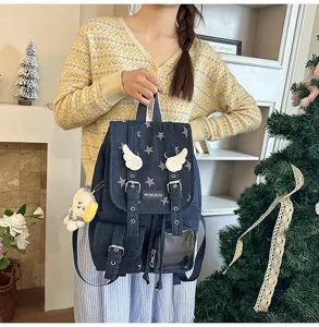 Vintage denim backpack for women stylish star print school bag with cute angel wings design