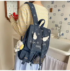 Korean style denim backpack for women retro star pattern large capacity school bag chic casual daypack
