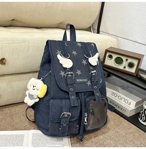 Vintage star denim backpack for women stylish school bag cute angel wings laptop daypack