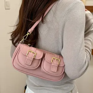 Roze chique schoudertas voor dames, retro stijl kleine handtas met dubbele voorzakken.