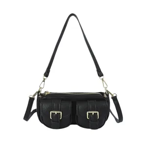 Zwarte lederen schoudertas voor vrouwen, retro dagelijkse handtas met dubbele voorzakken.