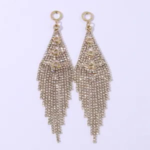 Elegant Alloy Rhinestone Long Tassel Dangle Earrings Shiny Geometric Crystal Tassel Drop Earrings For Nightclub Party Women Jewelry