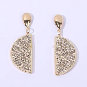 Elegant gold-plated rhinestone drop earrings with geometric half-circle design for women.