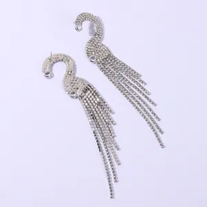 Sparkling rhinestone swan long tassel earrings for women fashion evening party shiny jewelry gift