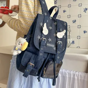 Korean style dark blue denim backpack with stars, cute wings design, and transparent pocket.