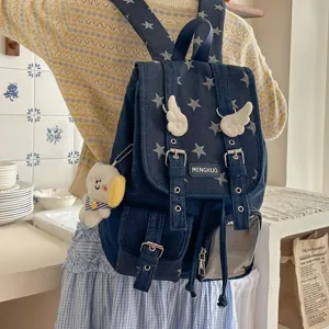 Korean vintage denim backpack for women, star print student school bag with cute wings.