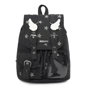 Black denim backpack with cute white star print and angel wings, casual student bookbag for daily use.