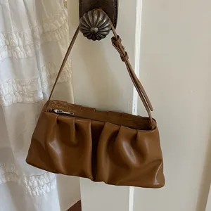 Brown gathered underarm bag for women stylish shoulder cloud bag chic PU leather handbag