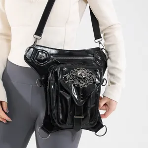 Bolsa de pierna gótica punk negra con decoración de metal de calavera, bolso de moto retro