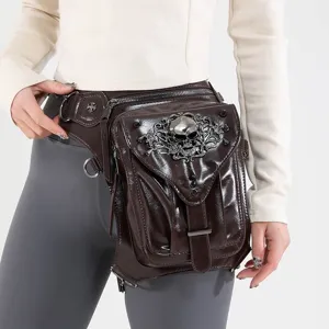 Bolso de pierna estilo punk gótico retro para mujer, riñonera de moto de cuero marrón oscuro.