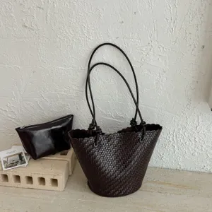 Retro πλεκτή τσάντα bucket γυναικεία, κομψή δερμάτινη τσάντα ώμου, casual καλοκαιρινή τσάντα.