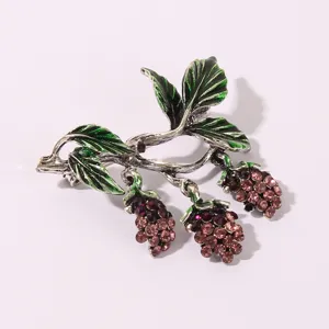 Vintage Silver Tone Enamel Green Leaf Purple Rhinestone Grape Cluster Brooch Pin Jewelry