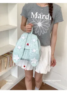Sweet academy style canvas backpack with cute bunny ears and star patches for daily student use.
