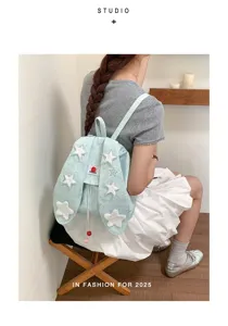 Sweet college style canvas backpack with cute bunny ears and star patches for casual use.