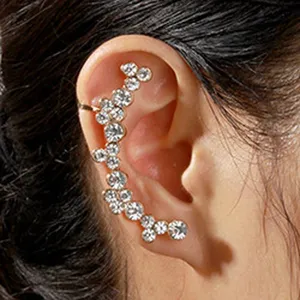 Rhinestone ear cuff for women, gold tone crystal ear wrap, elegant floral ear jewelry.