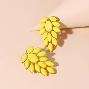 Yellow resin stone statement earrings, fashion gold tone cluster leaf earrings for women.