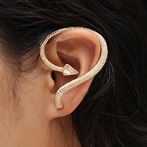 Gold snake ear cuff with rhinestones, stylish punk wrap earring for women fashion party.