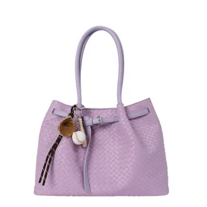 Lavender woven leather tote bag for women large capacity casual shoulder handbag daily commute