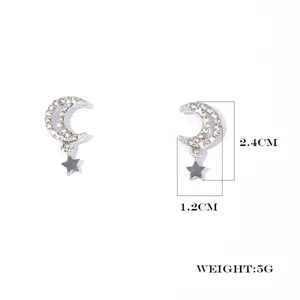 Silver rhinestone moon and dangling star stud earrings for women, exquisite jewelry.