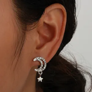 Fashion Alloy Rhinestone Moon Star Stud Earrings Shiny Crystal Celestial Drop Earrings For Women Personalized Jewelry Gift