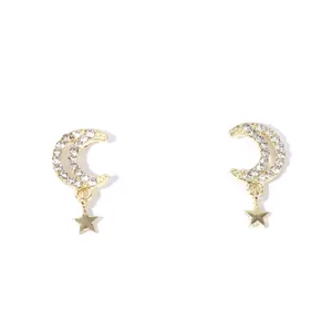 Elegant gold crescent moon dangle earrings with sparkling rhinestones and cute star charms.