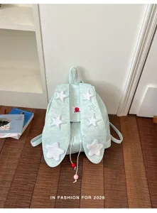 Sweet college style canvas backpack with plush white stars and cute rabbit ear straps.