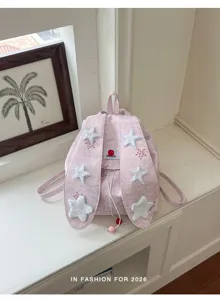 Sweet college style pink canvas backpack with fluffy stars and cute bunny ear straps.
