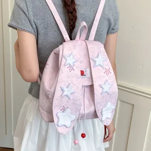 Sweet college style pink canvas backpack with cute bunny ears and star patches for daily use.