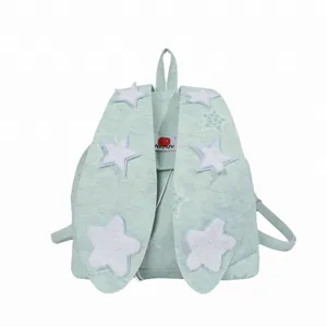Sweet college style canvas backpack in light green with cute plush star patches and bunny ears.
