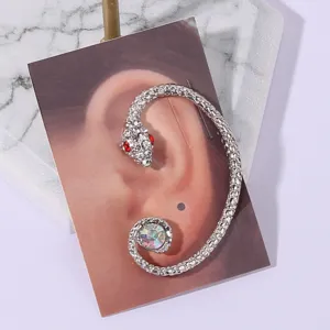 Fashion rhinestone snake ear cuff detail shot, stunning crystal metal wrap-around clip earring.