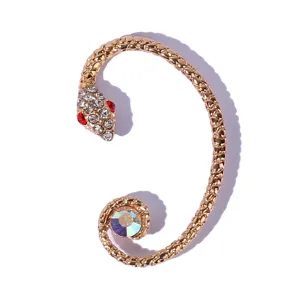 Gold snake ear cuff earrings with sparkling rhinestones and colorful crystal, unique design.