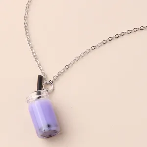 Cute purple boba milk tea cup pendant necklace for women, stylish and novel fashion jewelry.