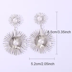 Chic European and American long starburst pearl earrings, silver metal statement jewelry for women.