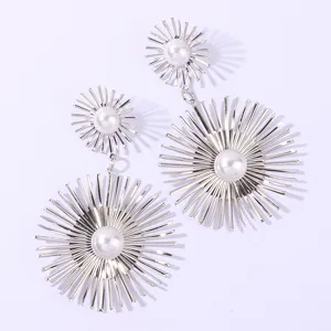 Silver sunburst pearl dangling earrings, long geometric star fashion jewelry for women.