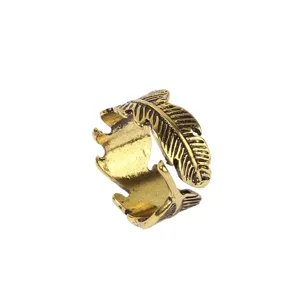 Bague plume or vintage pour femme, magnifique bijou réglable en alliage style européen.