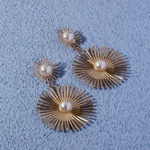 Gold sunburst pearl drop earrings european fashion statement long dangle earrings for women