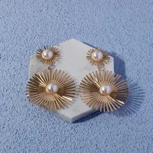 Detail shot of European and American fashion star pendant earrings with long pearl design.