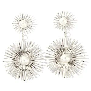 European and American fashion silver starburst pearl long drop earrings for women.