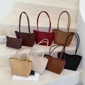 Woven tote bag set fashion PU leather shoulder bag minimalist casual handbag for women