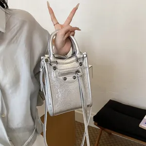 Silver metallic mini handbag stylish crossbody bag top handle PU leather women daily casual purse