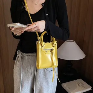 Yellow mini handbag women crossbody phone bag stylish small tote retro motorcycle style