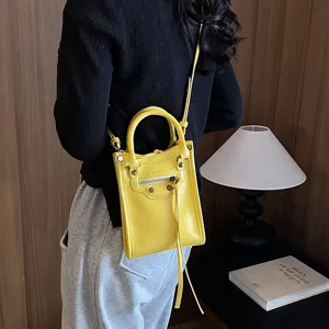 Mini leather crossbody phone bag, bright yellow stylish shoulder tote with classic moto hardware.