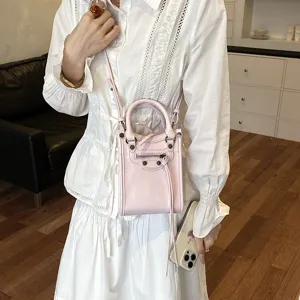 Women pink mini crossbody phone bag stylish PU leather shoulder handbag with top handle for summer