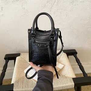 Black mini crossbody bag women stylish PU leather tote bag vintage shoulder handbag casual